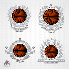Basketball ball with silver wreath and ribbon on light background. Set of sport logo for any team