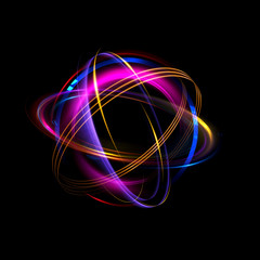 Abstract ring background with luminous swirling backdrop. light circles light effect. Glowing cover. Image of color atoms and electrons. Physics concept. Nanotechnology flow sparks.