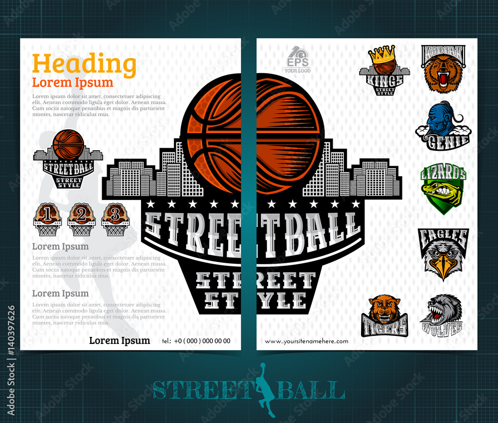 Wall mural Two sided basketball brochure or flyer, street ball template design with team logos of championship. Mock-up cover vector sport style