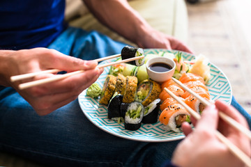 Close-up of traditional Japanese food during romantic dinner at home