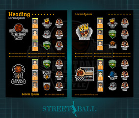 Obraz premium Two sided basketball brochure or flyer, street ball competition template design with logos teams and winners . Mock-up cover vector sport style