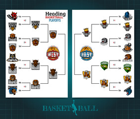 Obraz premium Two sided basketball brochure or flyer, street ball playoff template design with bracket tournament on white. Mock-up cover vector sport style
