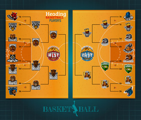 Obraz premium Two sided basketball playoff brochure or flyer, template design with bracket tournament on field background. Mock-up cover vector sport style