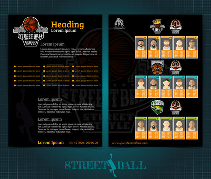 Two sided basketball brochure or flyer, street ball template design with teams players and logo . Mock-up cover vector sport style