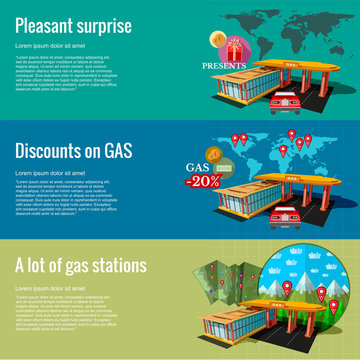 Gas station discount, surprise and location business planning profitable idea. Three flat concept background for you fuel business