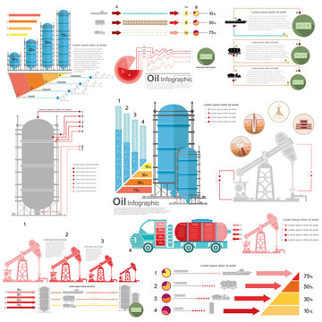 set of flat design of oil derrick and gas rig infographics production delivery and gas storing