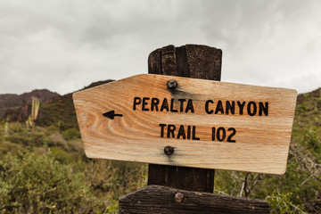 Wooden sign of Peralta Canyon, USA