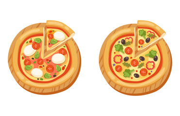 Pizza flat icons isolated vector illustration piece slice pizzeria food menu snack on white background pepperoni ingredient delivery italian set
