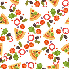 Pizza seamless pattern vector illustration piece slice pizzeria food menu snack on white background ingredient deliver italian cheese restaurant
