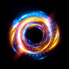 Abstract neon background. luminous swirling. Glowing spiral cover. Black elegant. Halo around. Power isolated. Sparks particle. Space tunnel. Glossy jellyfish. LED color ellipse. Glint glitter