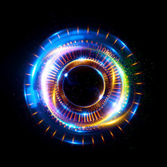 Abstract neon background. luminous swirling. Glowing spiral cover. Black elegant. Halo around. Power isolated. Sparks particle. Space tunnel. Glossy jellyfish. LED color ellipse. Glint glitter