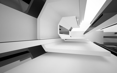 Abstract white interior with glossy black geometric shapes. Architectural background. 3D illustration and rendering