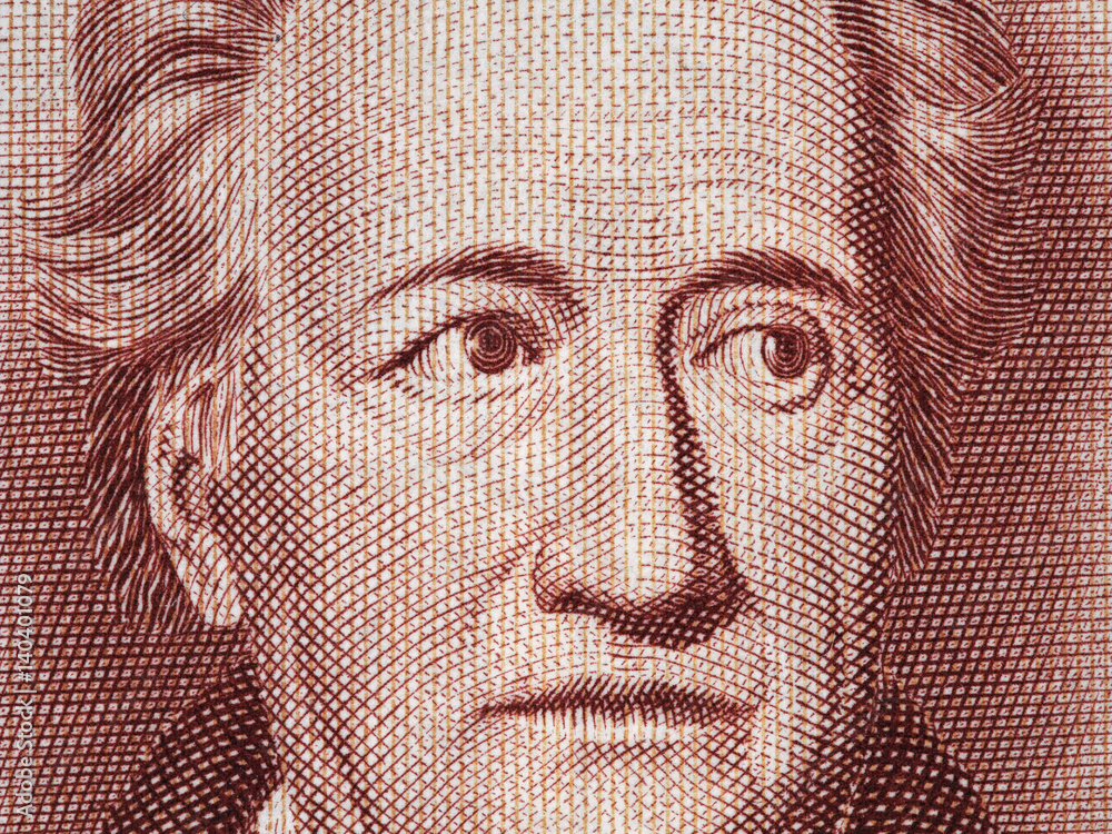 Wall mural Johann Wolfgang von Goethe (1749-1832) face portrait on Germany 20 mark (1964) banknote closeup, genius German writer, poet, novelist and playwright.