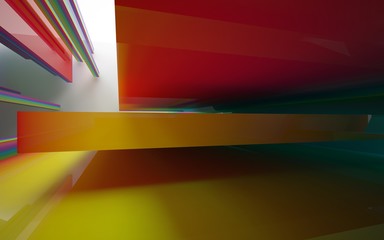Abstract dynamic interior with gradient colored objects. 3D illustration and rendering