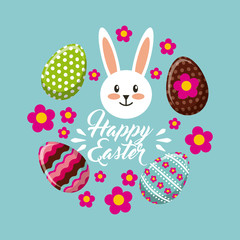 happy easter card with bunny and eggs icon over blue background.  colorful design. vector illustration