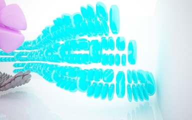 Abstract interior in colored smooth glossy array of sculptures in the form of eggs.  3D illustration and 3D rendering 