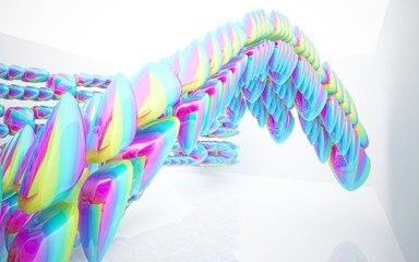 Abstract interior in gradient colored smooth glossy array of sculptures in the form of eggs.  3D illustration and rendering 