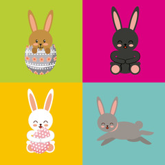 cute rabbits over colorful squares. happy easter concept. vector illustration