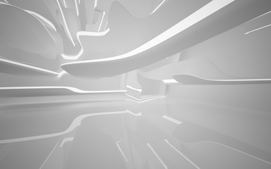 Abstract smooth white interior of the future. Night view from the backlight. Architectural background. 3D illustration and rendering 