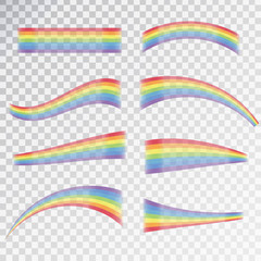 Vector realistic rainbow effect in different shapes on the transparent background.