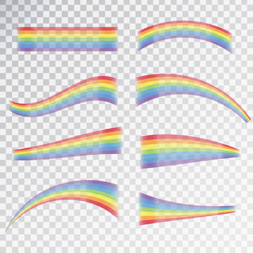 Vector realistic rainbow effect in different shapes on the transparent background.