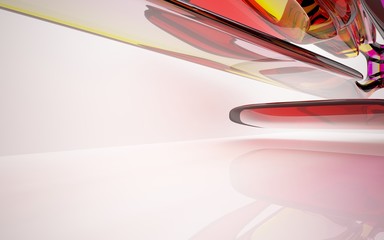 abstract architectural interior with red, pink and yellow smooth glass sculpture with black lines. 3D illustration and rendering