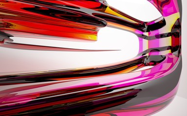 abstract architectural interior with red, pink and yellow smooth glass sculpture with black lines. 3D illustration and rendering