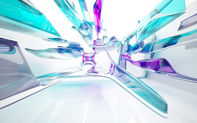 Abstract dynamic interior with colored glass smoth  objects. 3D illustration and rendering
