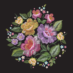 Embroidery colorful trend floral pattern. Vector traditional folk roses and forget me not flowers bouquet on black background for design.