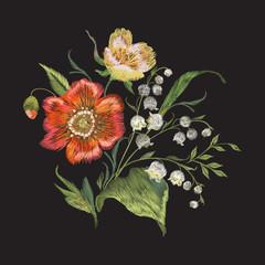Embroidery colorful trend floral pattern with poppies and lilies of the valley. Vector traditional folk flowers bouquet on black background for design.