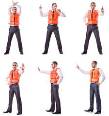 Businessman with rescue safety vest on white