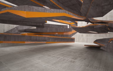 Empty dark abstract brown concrete room interior with orange lines. Architectural background. 3D illustration and rendering