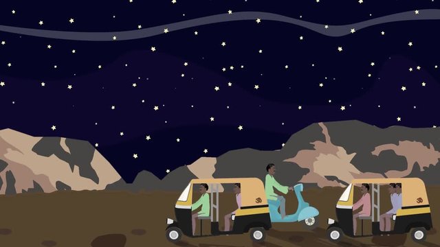 IIllustration of Rickshaws and Scooters Passing by at Night in India