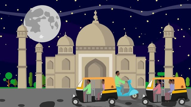 The Taj Mahal at a Full Moon Night with Rickshaws Passing by in Cartoon Style