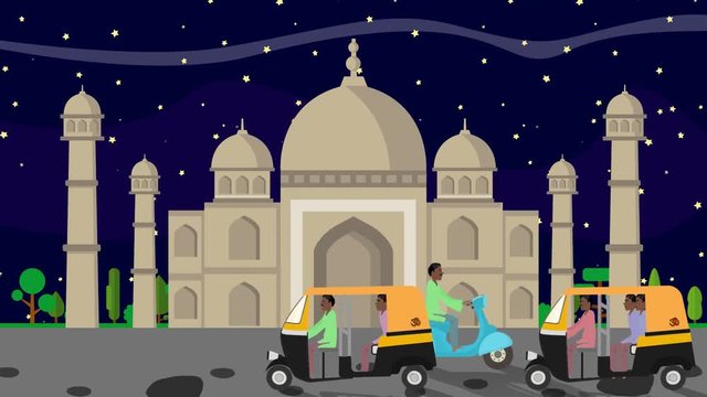 The Taj Mahal at Night with Rickshaws Passing by in Cartoon Style