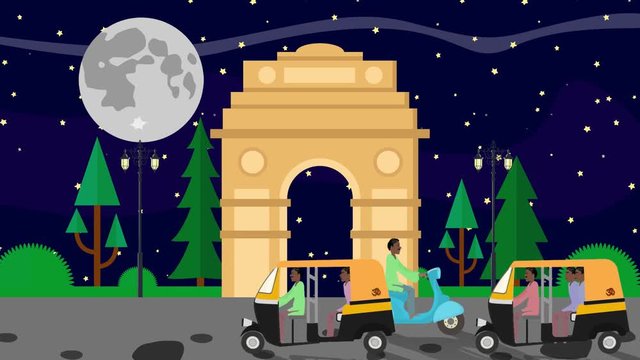 Cartoon India Gate in Delhi at a Full Moon Night with Rickshaws Passing by
