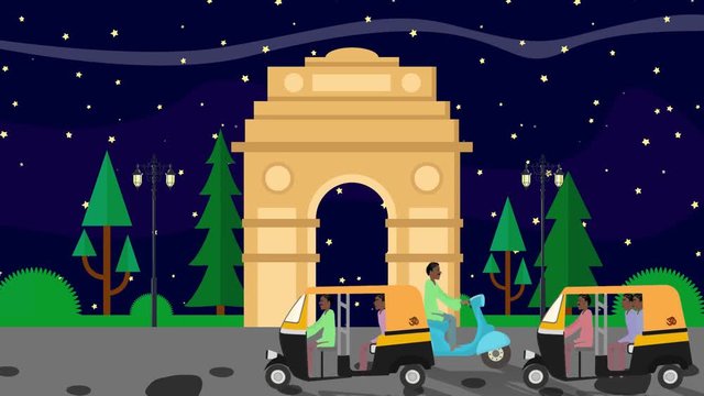 Cartoon India Gate in Delhi at Night with Rickshaws Passing by