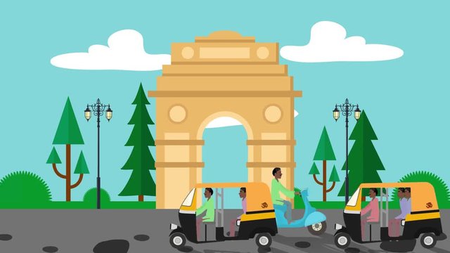 Cartoon India Gate in Delhi with Rickshaws Passing by