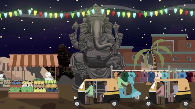 Ganesha Statue with Rickshaws Passing by at Night  in a Street in India Cartoon Style