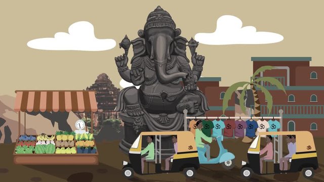 Ganesha Statue with Rickshaws Passing by in a Street in India in Cartoon Style