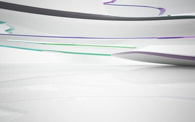 Abstract smooth  white interior with colored glossy lines. 3D illustration and rendering