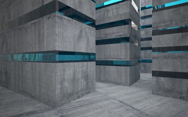 Abstract interior of concrete with blue glass. Architectural background. 3D illustration and rendering 