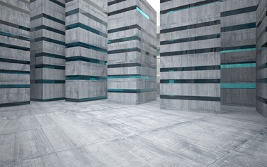 Abstract interior of concrete with blue glass. Architectural background. 3D illustration and rendering 