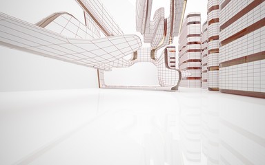 abstract architectural interior with  drawing and geometric glass lines. 3D illustration and rendering
