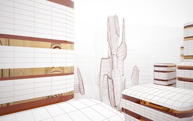 abstract architectural interior with  drawing and geometric glass lines. 3D illustration and rendering