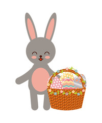 happy easter card with basket with eggs and bunny icon over white background. colorful design. vector illustration
