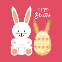 happy easter card with bunny and egg icon over pink background. colorful desing. vector illustration