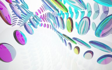 Abstract dynamic interior with colored glass smoth objects. 3D illustration and rendering