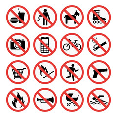 Prohibition signs set safety information vector illustration.