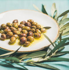 Pickled green Mediterranean olives in virgin oil on white ceramic plate and green olive tree branch over light blue painted wooden background, selective focus, square crop